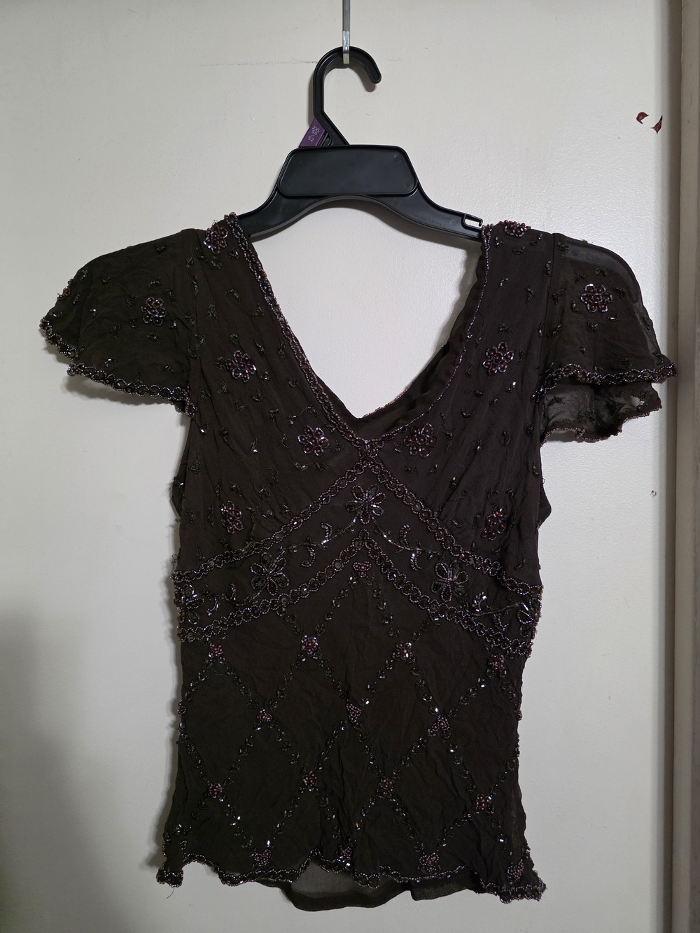80s Vintage Hand-Beaded Papell Boutique Blouse (%100 Silk) Brown